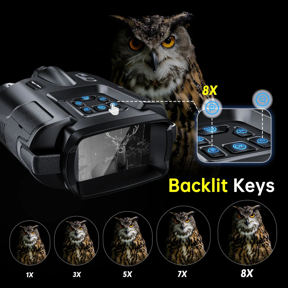 Night Vision Binoculars 4K Infrared 5000mAH Rechargeable 8X Digital Zoom 600 Meters Darkness Goggles 5000mAh Rechargeable, 64GB Card Included for Wildlife Observation & Surveillance