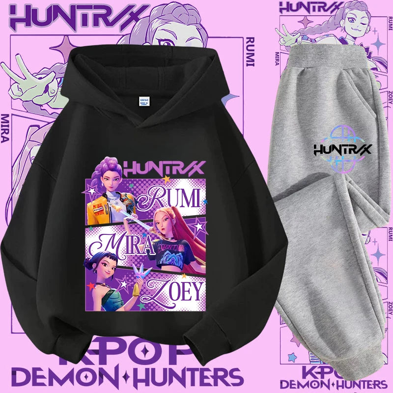 Kpop Demon Hunter Kids Hoodie And Top Set Two Piece Cartoon Print Unisex Casual Wear