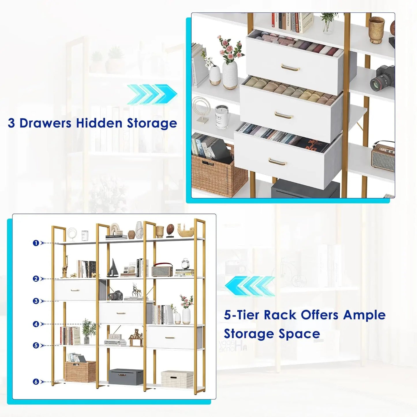 73.6" Triple Wide Bookshelf 3 Drawers 16 Open Shelves Industrial Storage Home Office Gold Customized