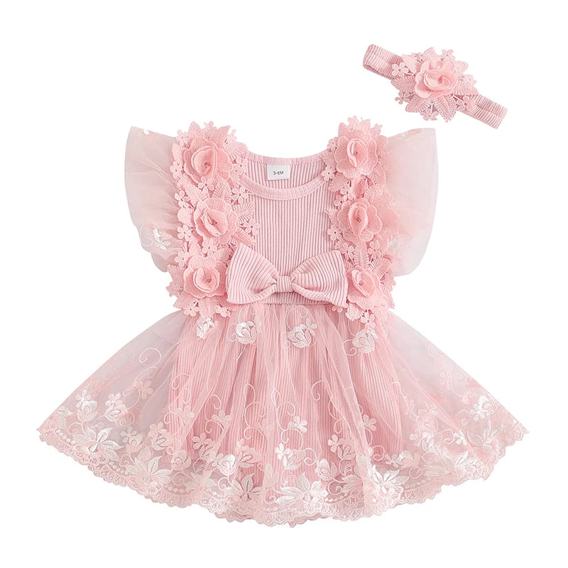 Infant Floral Embroidered Romper With Mesh Skirt And Headband Set