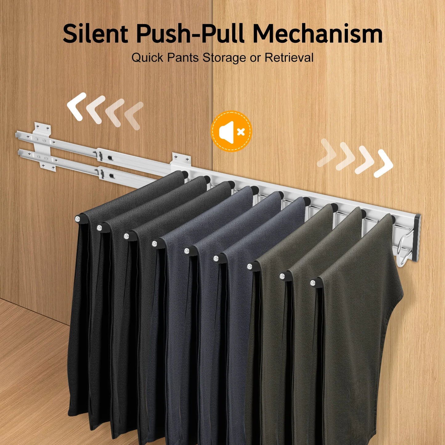 9-Rod Side Mounted Trouser Hanger, 35 lbs Pull Out Trousers Rack, Sliding Pants Rack W/ Flocked Bars for Pants, Ties