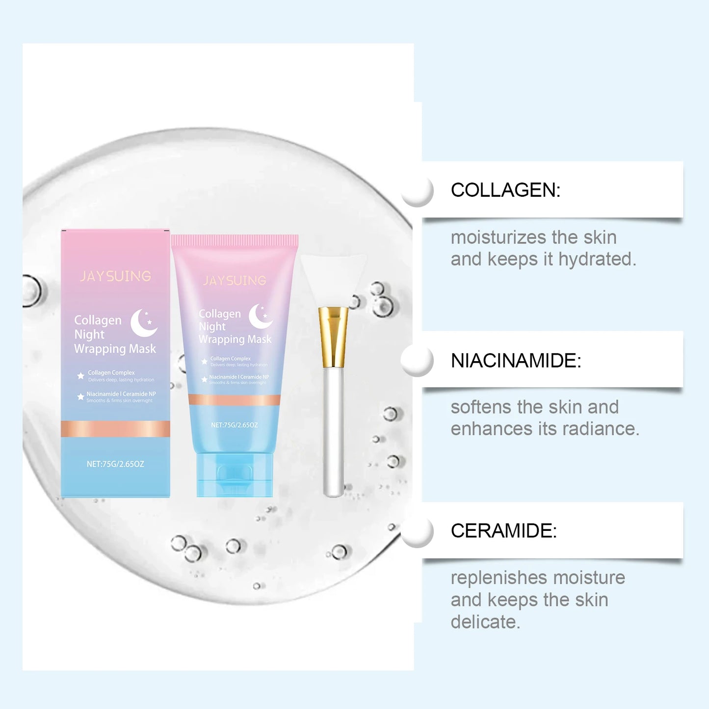 Jaysuing Collagen Overnight Peel Off Mask 75g Nighttime Hydrating Pore Cleaning Detox Facial Mask Skin Care Holiday Gift