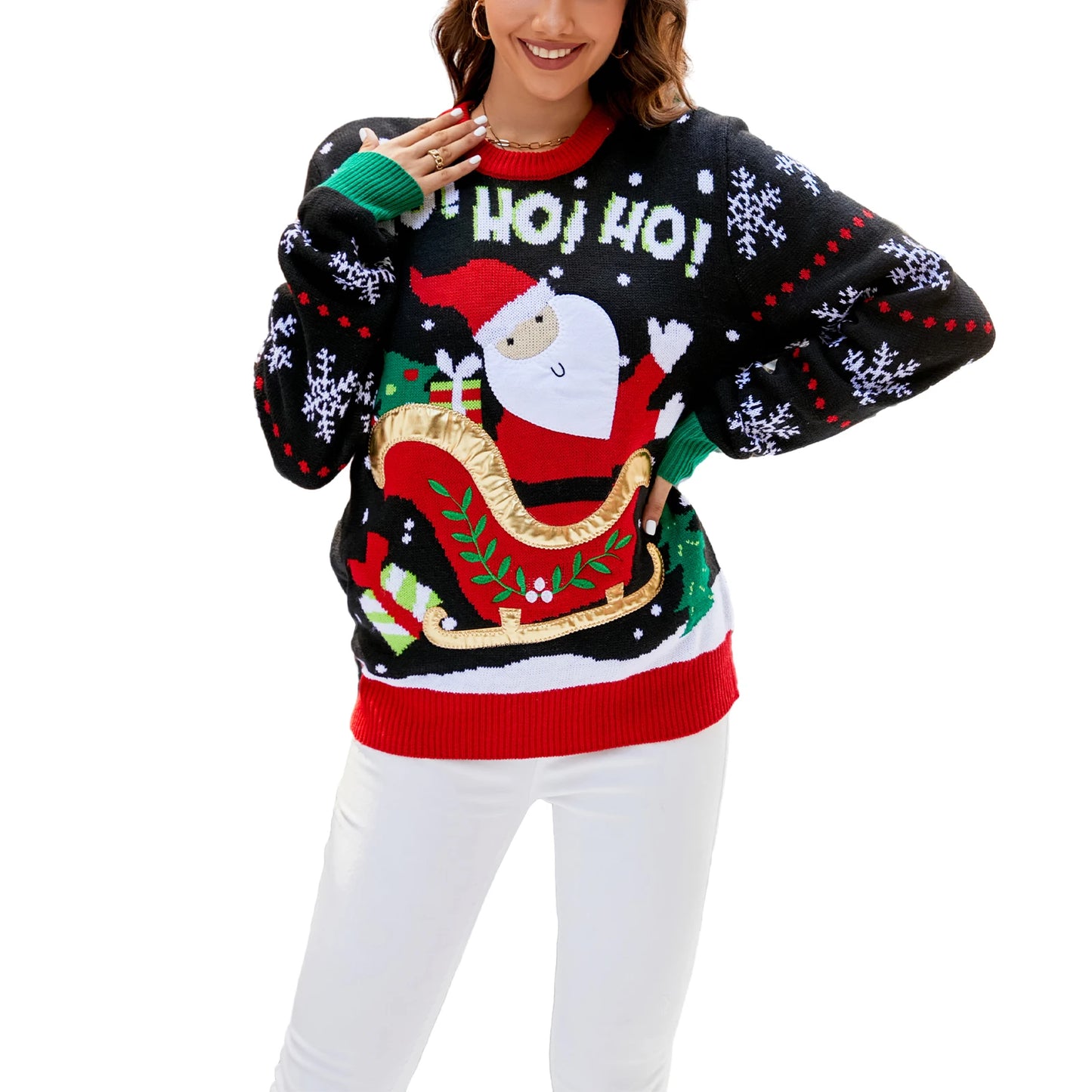 Women Christmas Sweater Winter Long Sleeve Round Neck Santa Claus Pattern Knit Tops Classic Fit