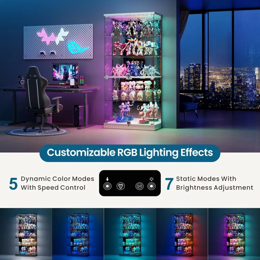 5-Tier Glass Display Cabinet with RGB Lights & Motion Sensor, Lockable for Collectibles, Books, Toys - Black
