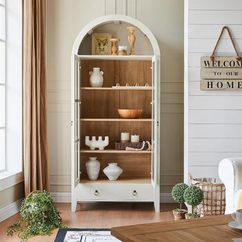 Arched Cabinet With Glass Doors And Drawer 71 Inch Tall Wood Display Cabinet With Adjustable Shelves Antique White