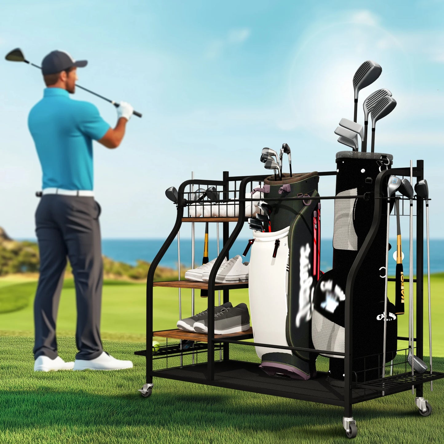 Rolling Golf Bag Storage Rack With Wheels For Sports Equipment