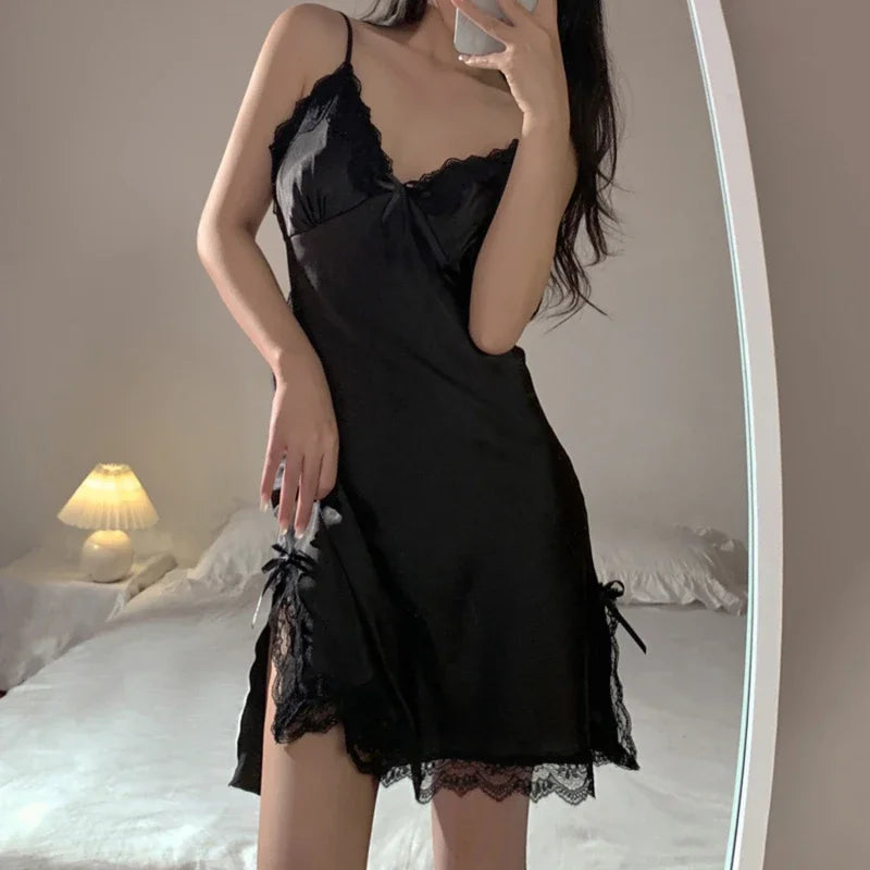 Sexy Lace V Neck Nightdress Satin Sleepwear For Women