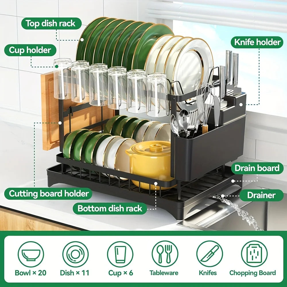 Dish Drying Rack Multifunctional Kitchen With Drainboard 2 Tier Space Saving Rack With Utensil Holder