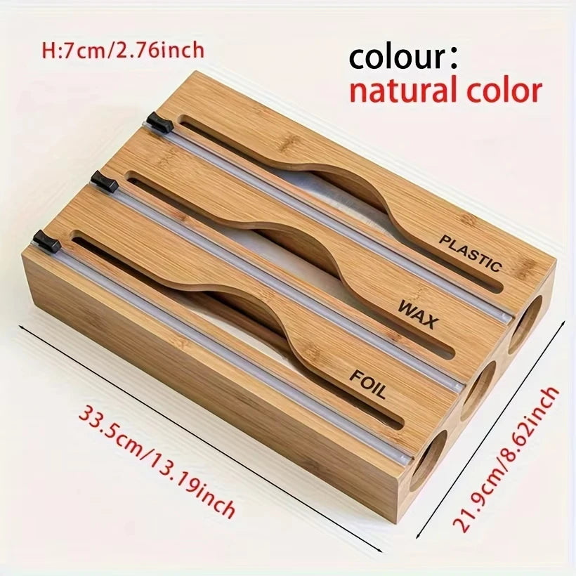 3-in-1 Bamboo Wrap Dispenser Drawer Organizer for Foil Plastic Wrap & Parchment Paper with Built-in Cutter & Label Holders