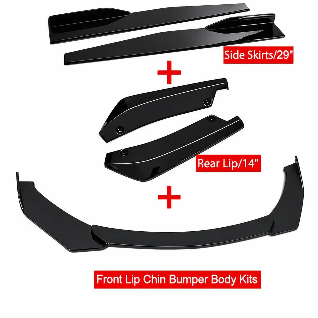 Universal 5 Piece Front Bumper Lip Splitter Kit For Car PP Black Front Spoiler Side Skirt Extension Racing Body Kit
