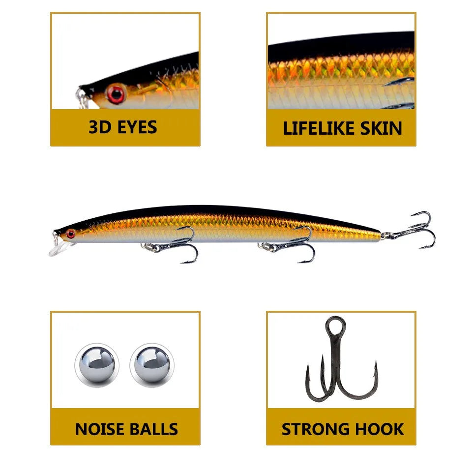 10pcs Long Minnow Fishing Lures Hard Bait Plastic Artificial Bait 18cm/7.9in/24g