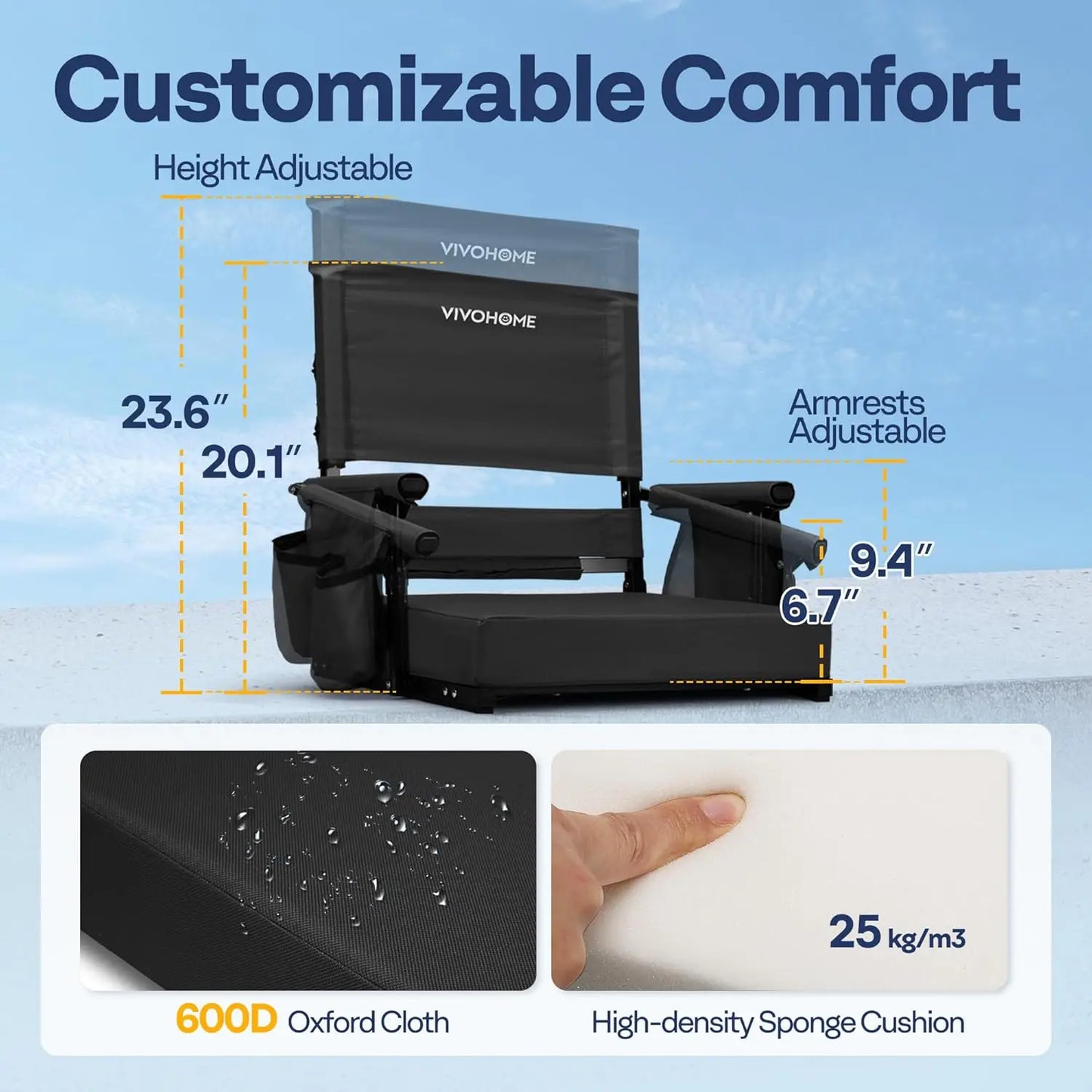 Adjustable High Back Bleacher Seats 2 Pack Cushion Cup Holder Shoulder Strap