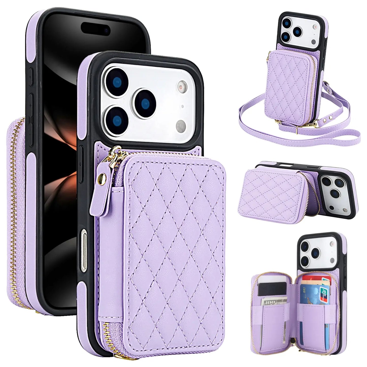 Crossbody for iPhone 17 Pro Max 17 Pro,RFID Blocking Zipper Handbag,Kickstand Folio Case,Card Slots Holder Wrist Strap Lanyard
