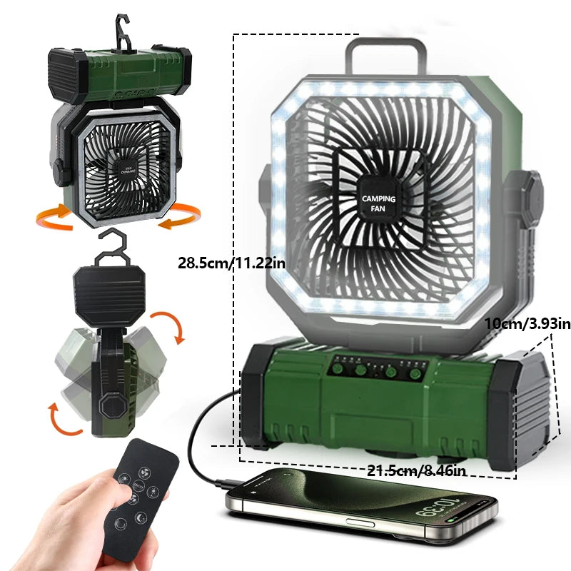 20000mAh Camping Fan With LED Lantern Remote Oscillating