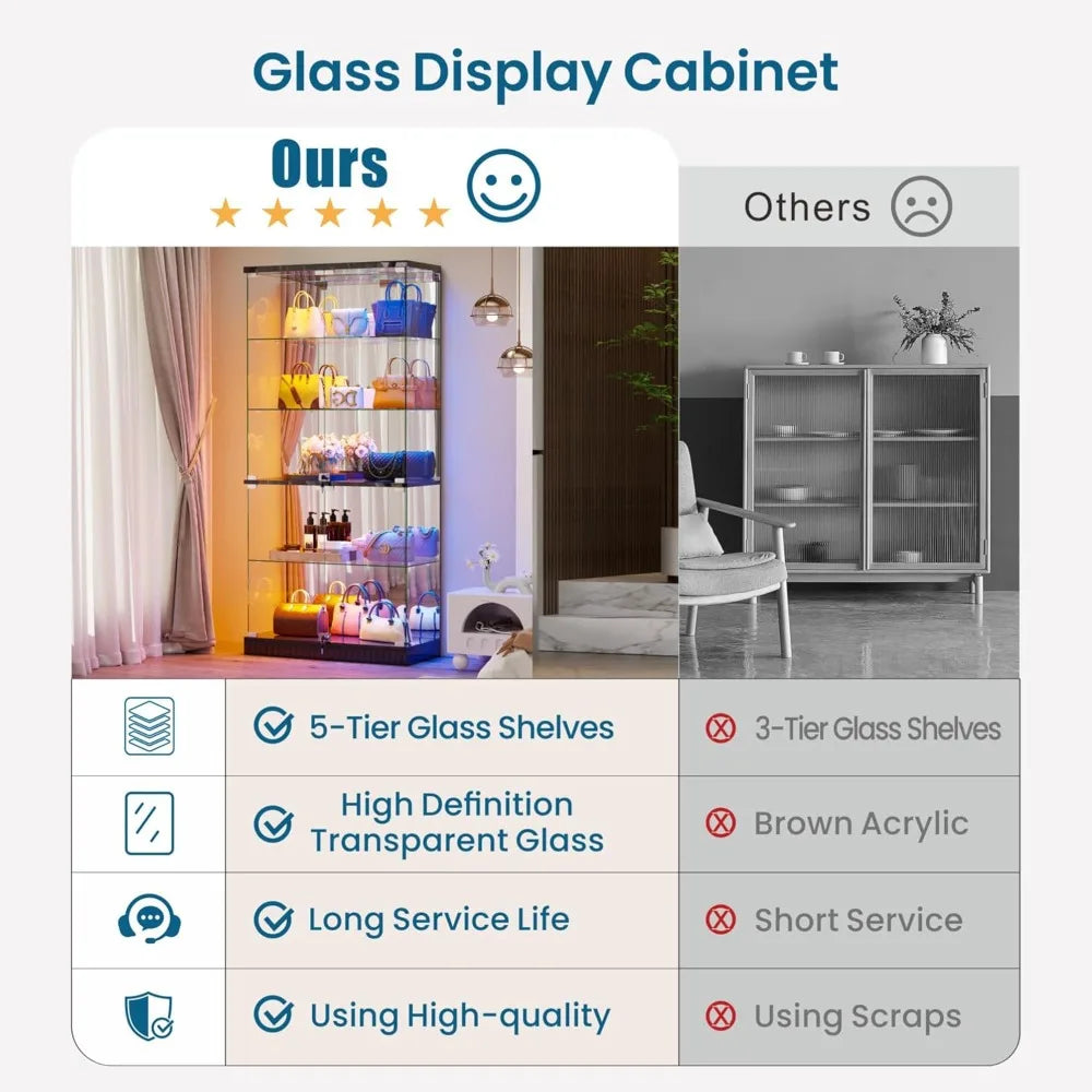 5-Tier Glass Display Cabinet with RGB Lights & Motion Sensor, Lockable for Collectibles, Books, Toys - Black