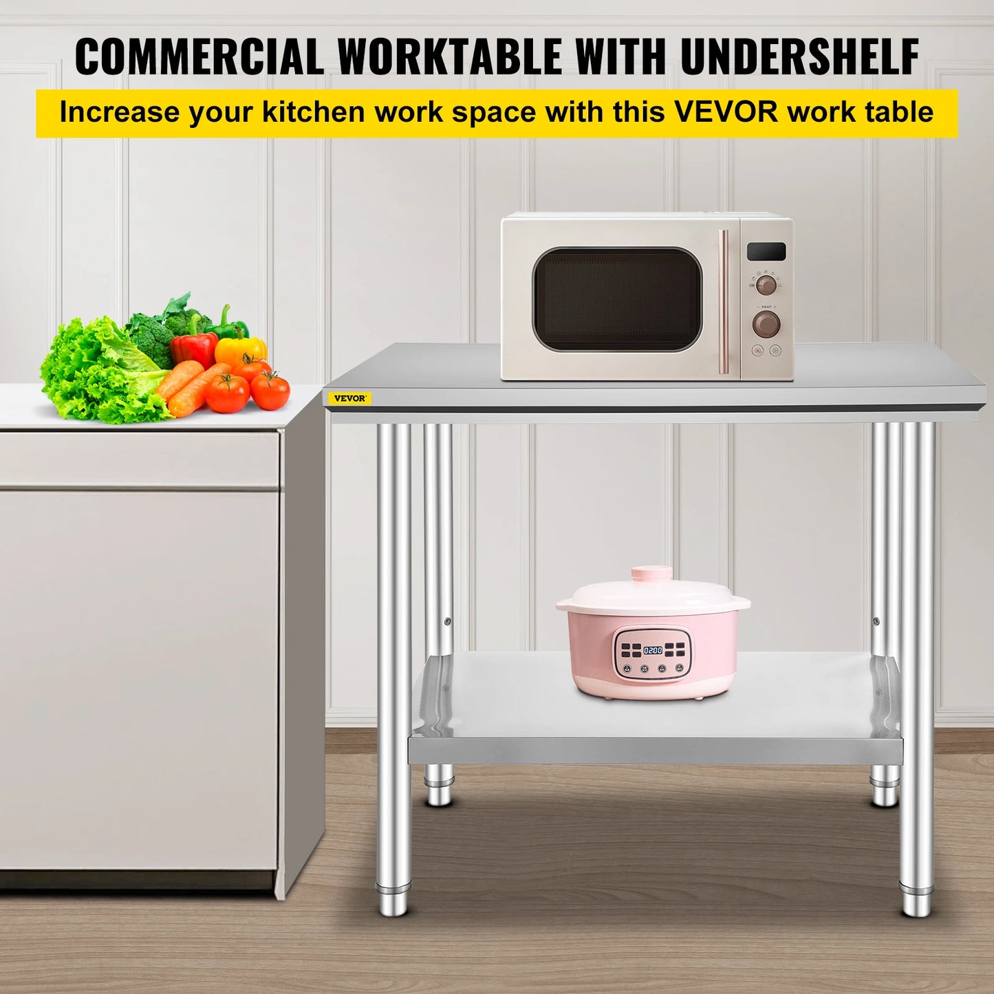 VEVOR Kitchen Work Bench Stainless Steel Commercial Table With Undershelf