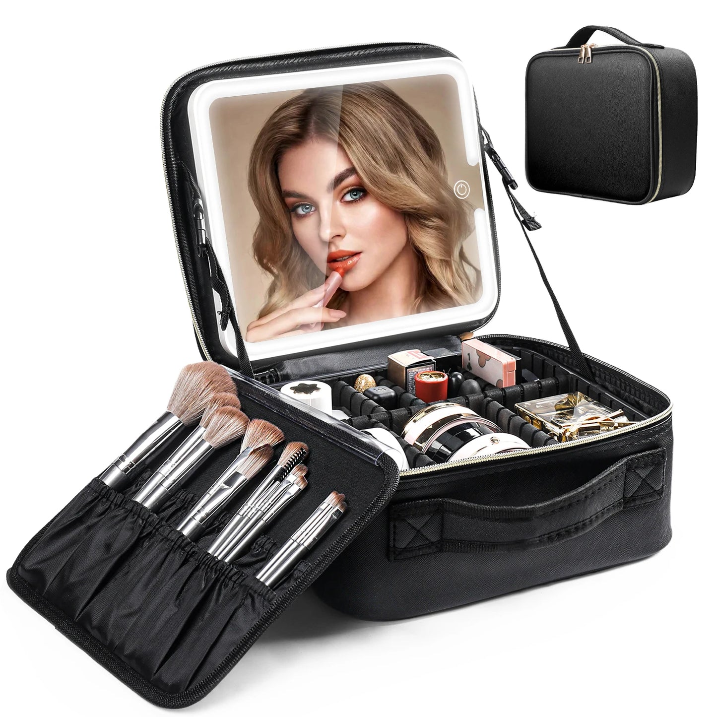 CN Travel Makeup Bag With LED Mirror And Adjustable Dividers