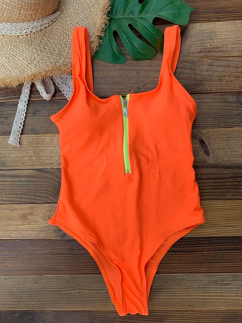 Front Zip Up One Piece Monokini Backless Swimsuit For Women