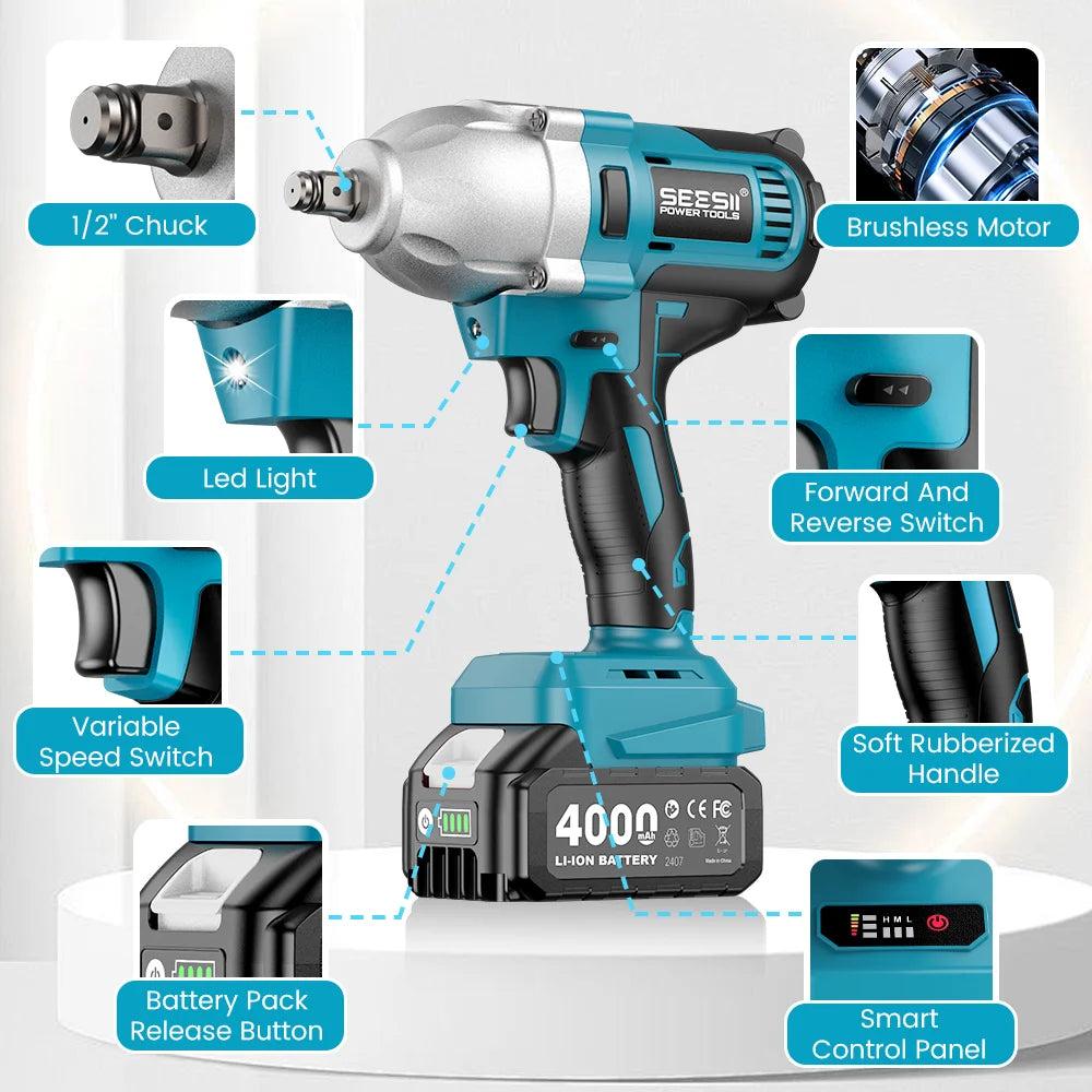 SEESII WH710 Pro 1200N.m Brushless Cordless Impact Wrench 1/2" Electric High Torque Handheld Impact Gun Kit Battery Powered Tool with 4.0Ah Battery LED Light 6 Sockets