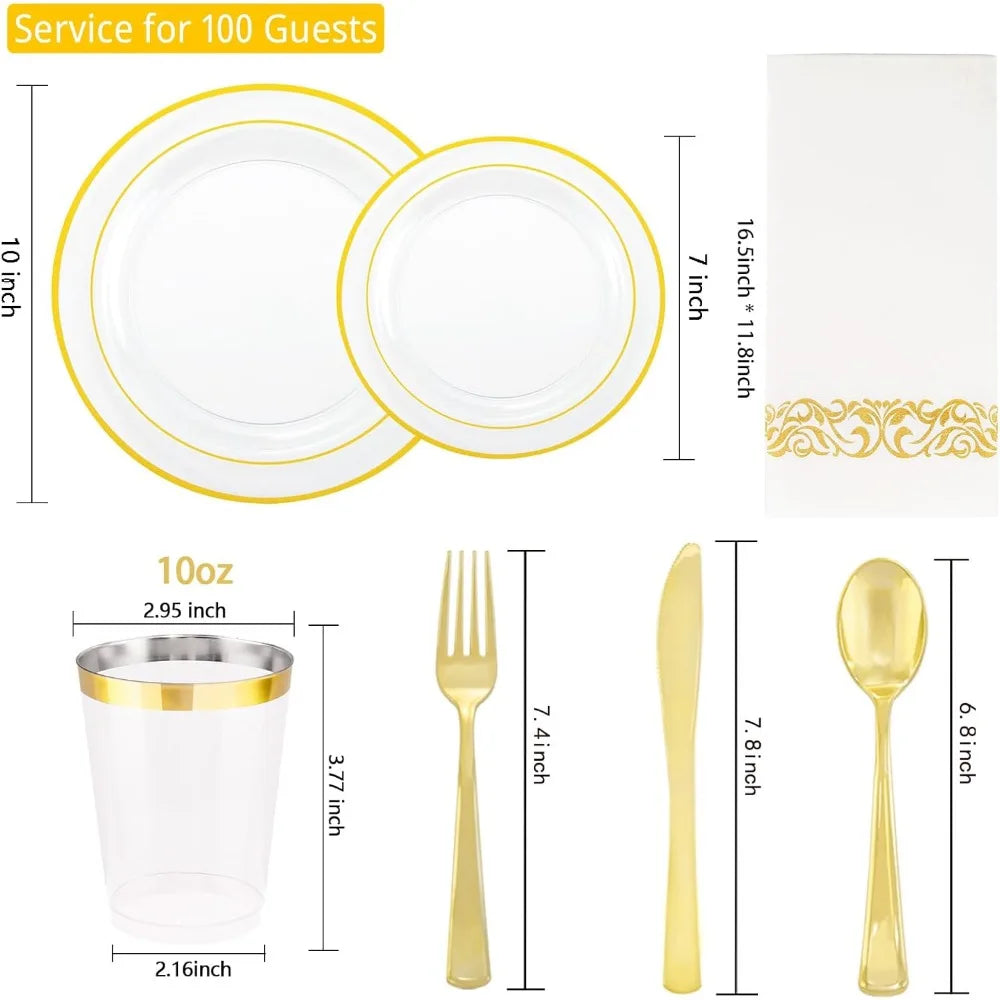 Gold Themed Disposable Dinnerware Set For 100 Guests With 700 Pieces And Clear Plates For Parties And Weddings