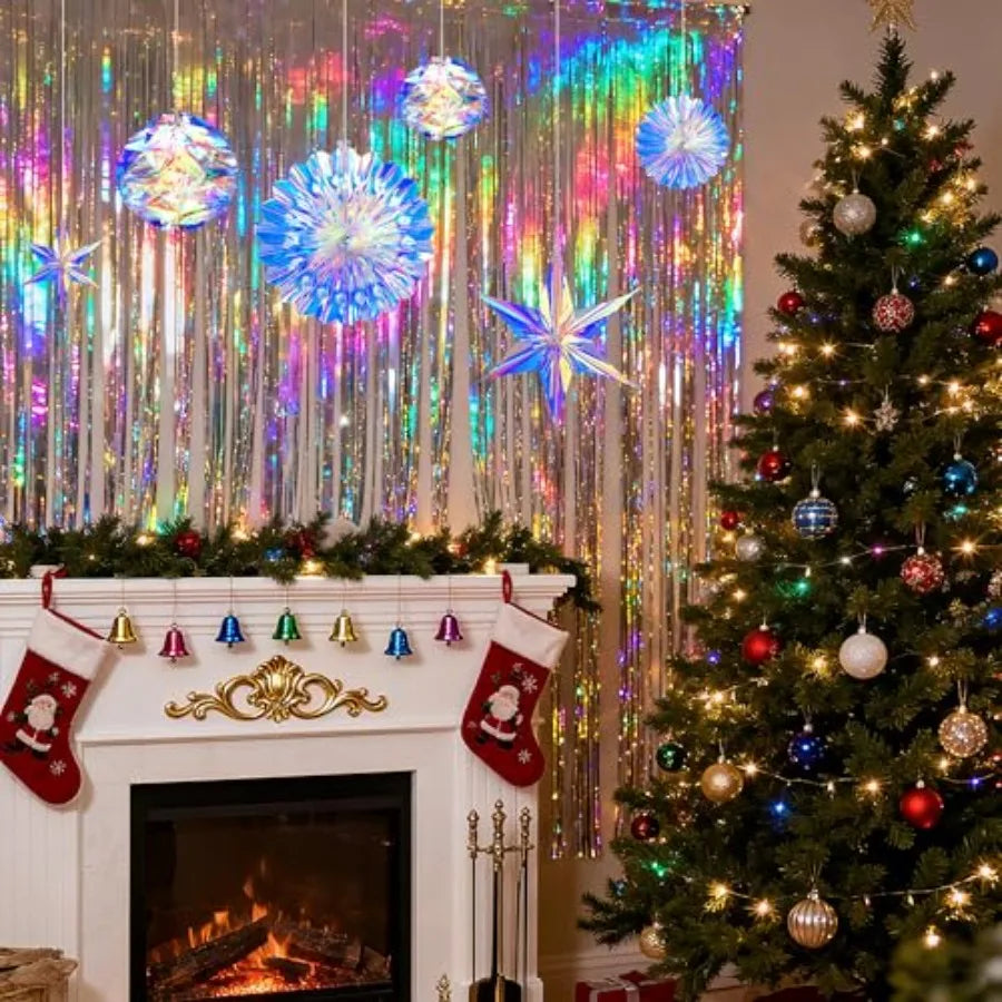 Iridescent Party Decorations, Hanging Honeycomb Balls, Paper Fans and 3D Star Ornaments, Holographic Ceiling Decor for Birthday