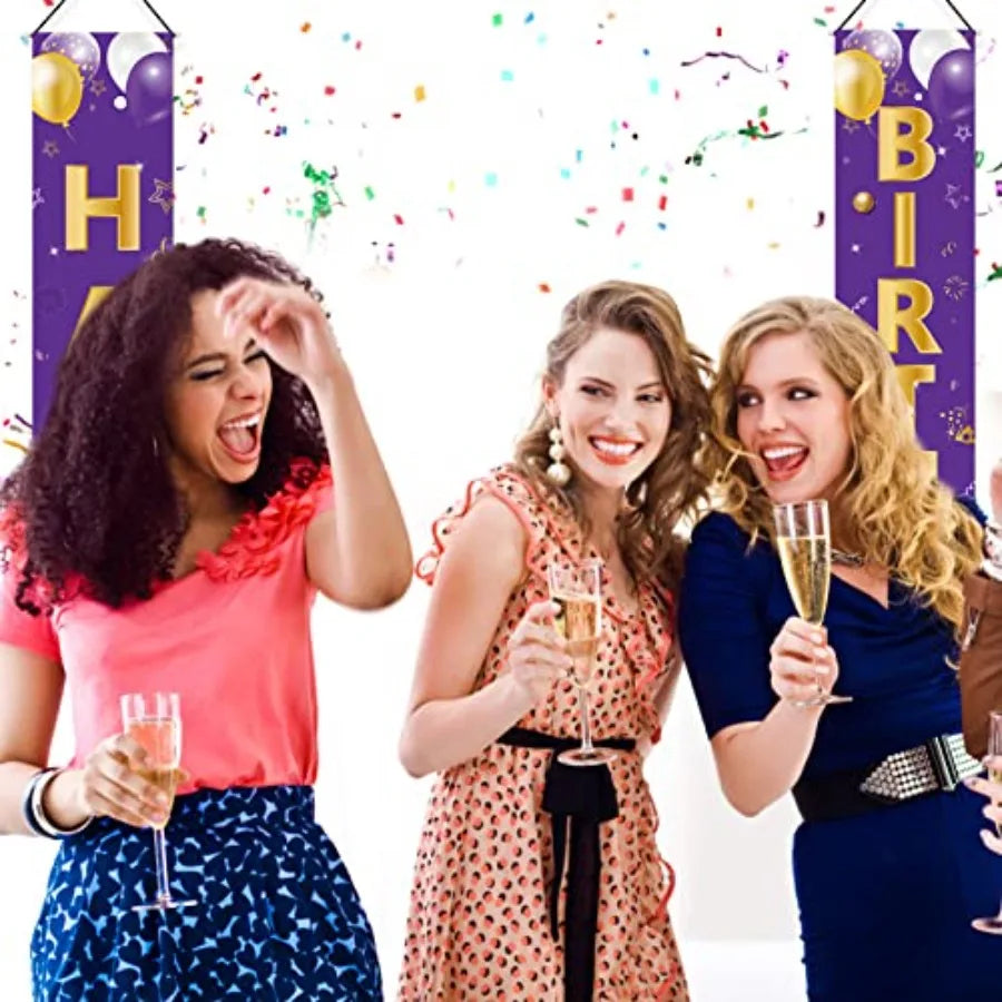 Purple Gold Happy Birthday Door Banner Decorations, Happy Birthday Porch Sign Party Supplies for Girls Women, 16th 21st 30th 40