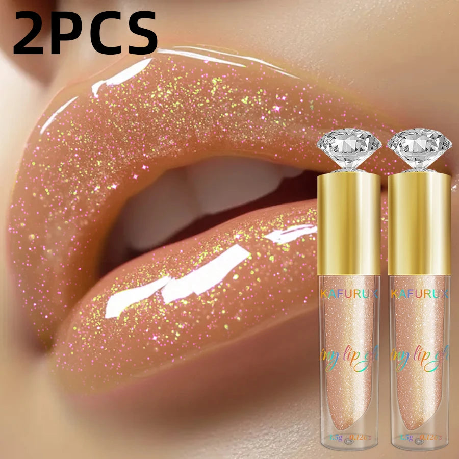 2pcs Moisturizing Diamond Shimmer Glitter Lip Gloss Set Korean Makeup Sparkling Glitter Liquid Lipstick Pearl Lip Gloss Sexy Lip Oil Sexy Pink Cosmetic for Women Gifts