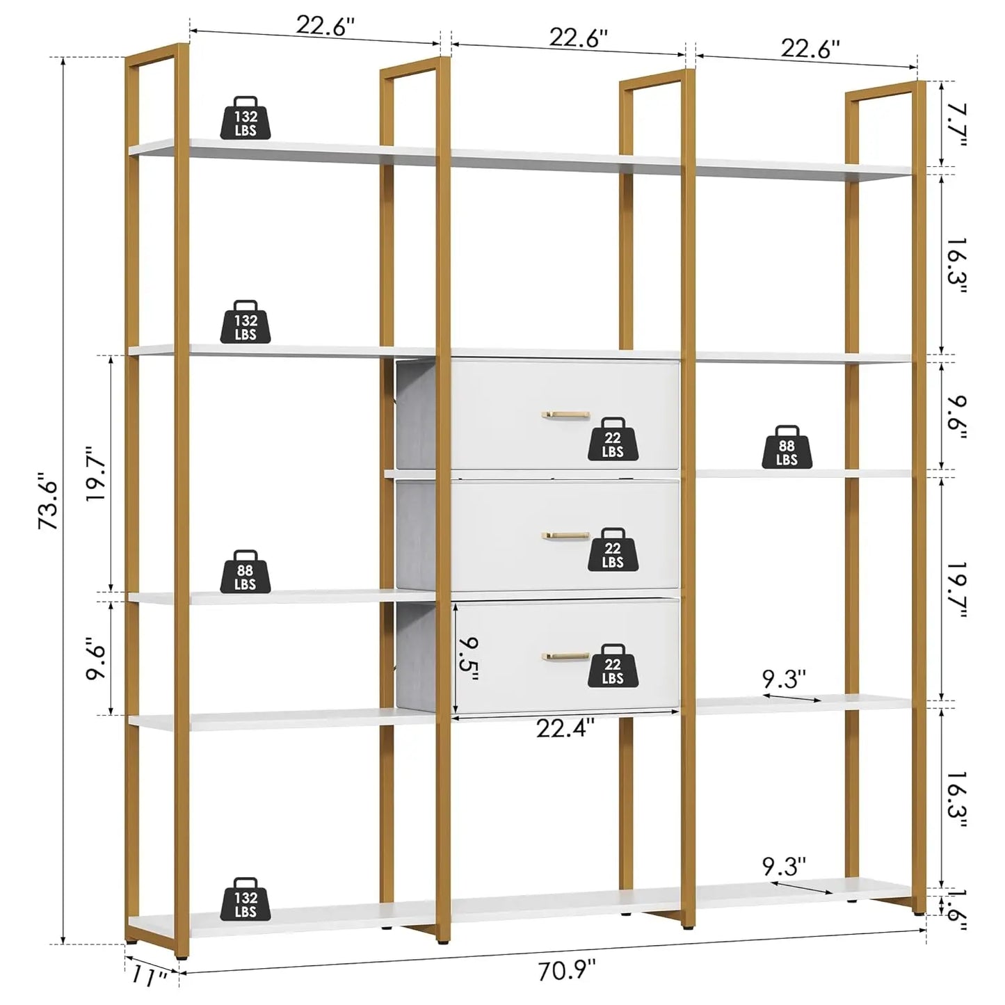 73.6" Triple Wide Bookshelf 3 Drawers 16 Open Shelves Industrial Storage Home Office Gold Customized
