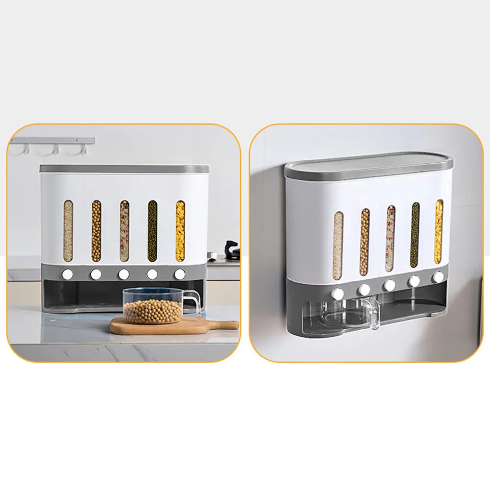 Wall-Mounted Dry Food Storage Dispenser 9Kg Capacity Airtight Cereal & Grain Organizer with Removable Compartments