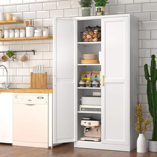 White Kitchen Pantry Cabinet, 71 Inch Tall Metal Storage Cabinet with Doors and Shelves, Pantry Cabinets, Customized