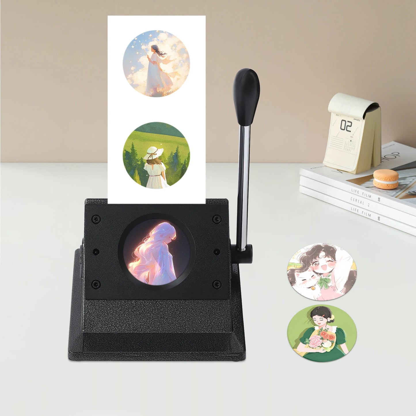 58mm Circle Punch Die Cutter for Badge Making, 2.28in Button Press Machine for Paper, Photo Paper, Copperplate Paper & Thin Leather, Manual Round Cutter for Medals, Mirrors, Bottle Openers, Stable Base & Labor-Saving Handle