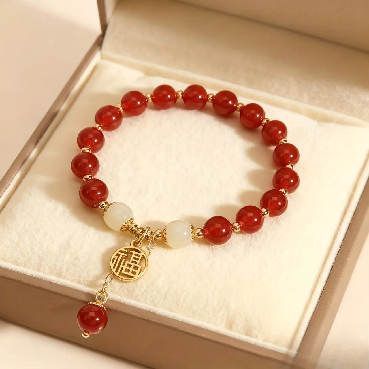Red Crystal Bracelet with Golden Pendant, Chinese Ethnic Style Lucky Charm Jewelry, Gift for Family Friends, Daily Wear