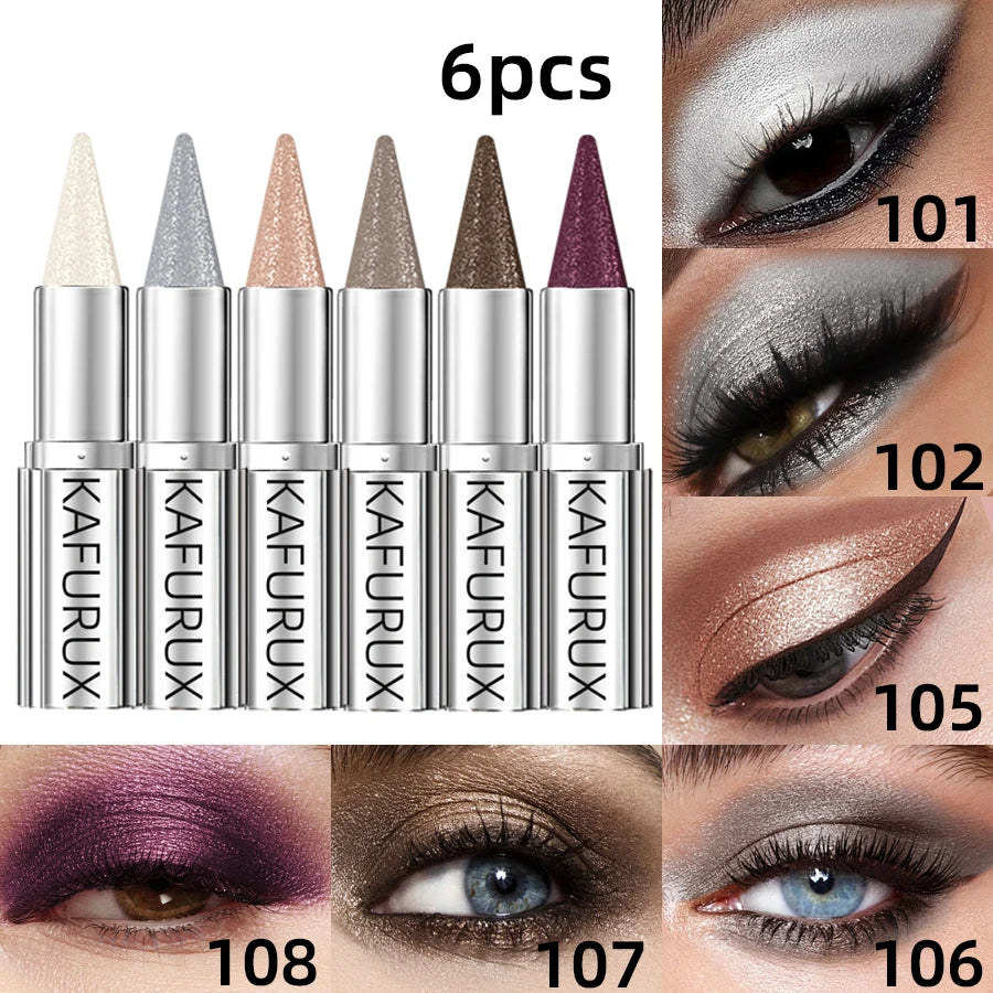 6pcs Metallic Brown Waterproof Eye shadow Pen Glitter Shiny Eye Shadow Stick Set Makeup for Women Gifts Pear Eye Cosmetics Smoky Black