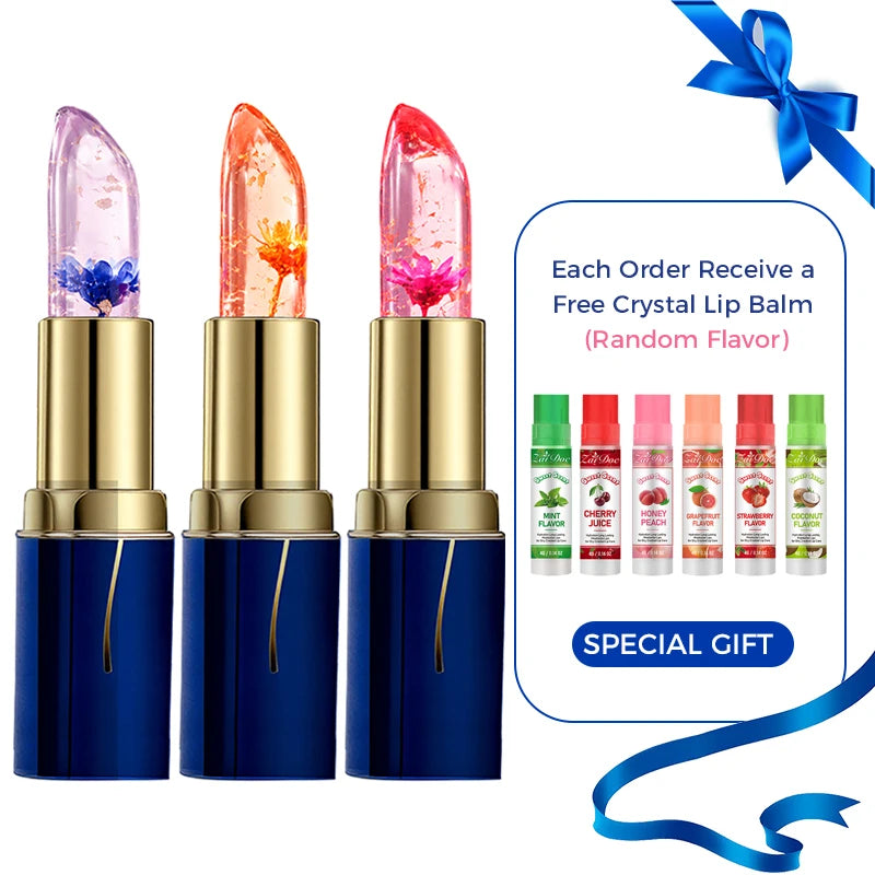 ZaiDoc 3pcs Flower Jelly Crystal Lipstick with Gift Fruit Lip Balm PH Color Changing Moisturizing Lip Gloss Balm Long Lasting Shine Lipstick