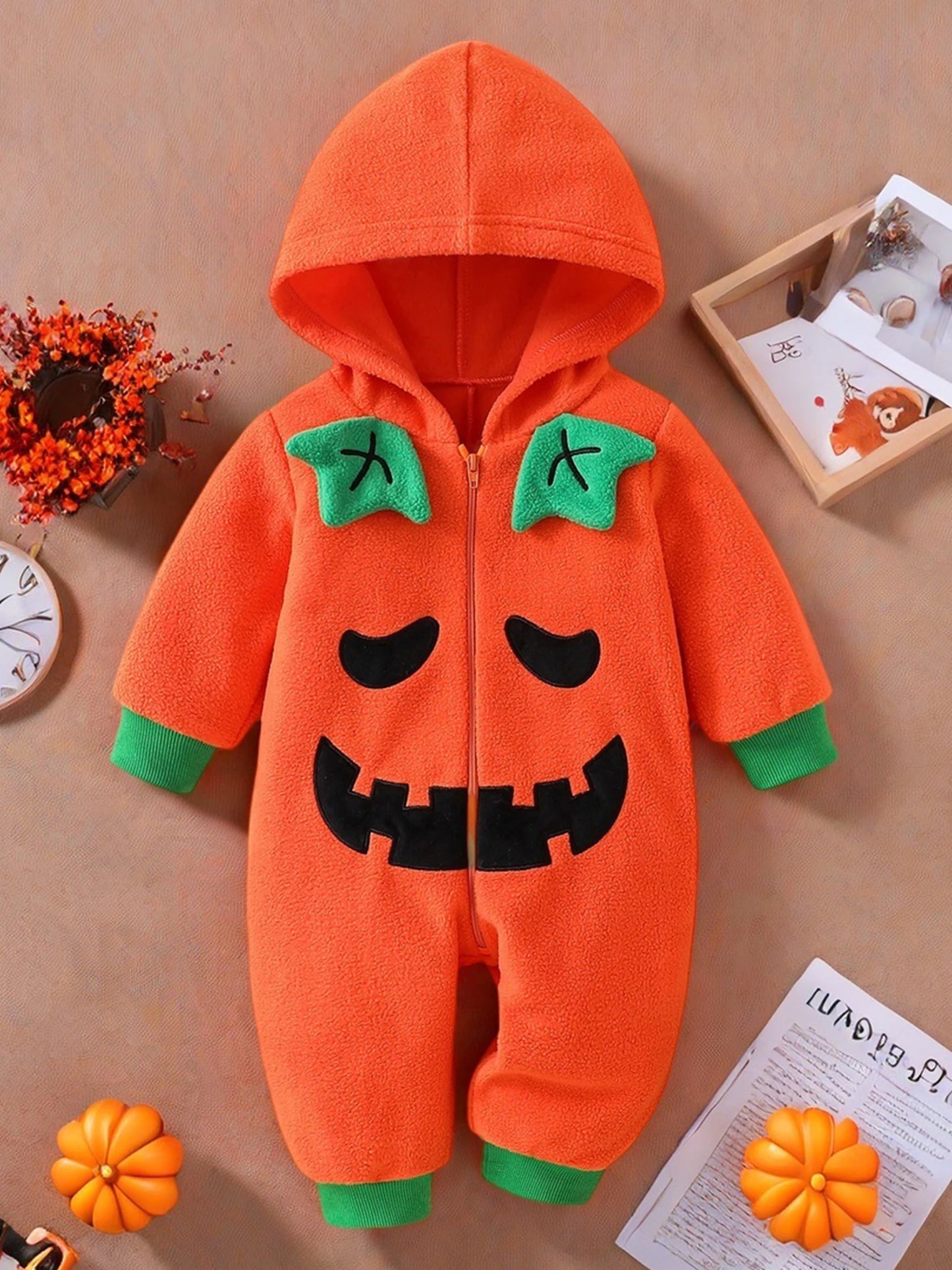 Infant Unisex Pumpkin Hooded Long Sleeve Romper With Contrast Trim Halloween Outfit For Baby Boy Or Girl