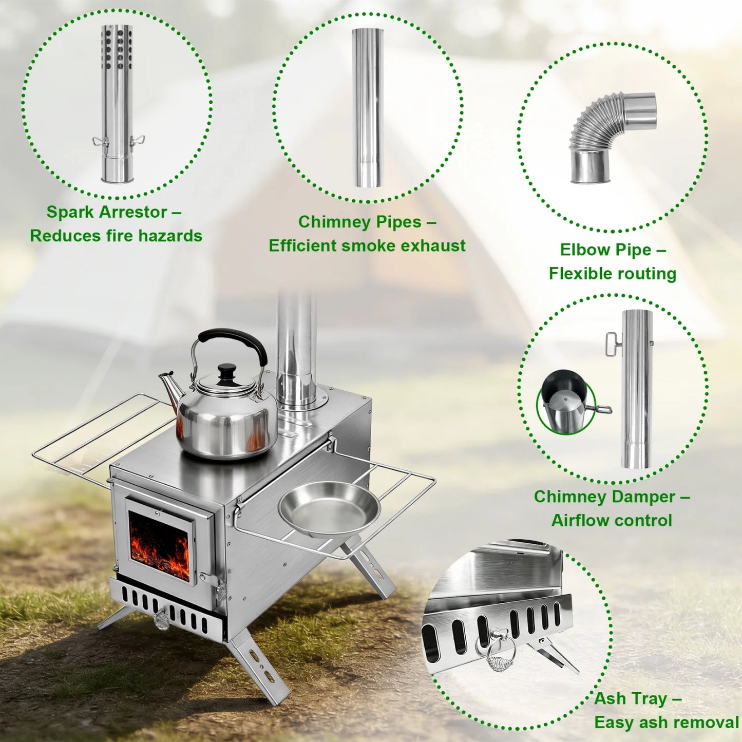  Portable Wood Stove for Camping Cooking & Heating Stainless Steel Wood Burning Stove with 7 Chimney Pipes Fire Pit Stove