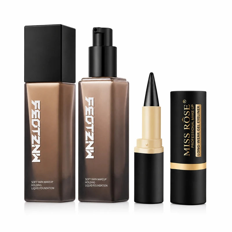 3PCS Makeup Set Full Coverage Liquid Foundation with 2 Waterproof Gel Eyeliners, Long-Lasting Matte Face Base, Smudge-Proof Black Eye Liner, Smooth Blendable Complexion and Eye Makeup Kit for Women, Natural Flawless Finish, D