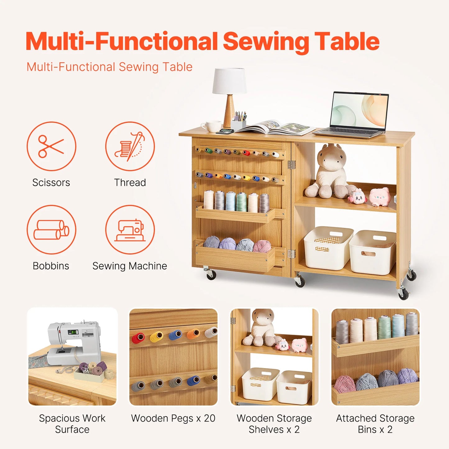 SucceBuy Multipurpose Folding Sewing Table With Wheels Shelves And Storage