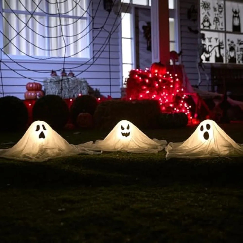 White Ghost Garden Stakes with Light UpHalloween Outdoor Decorations  Design (3 Packs) Cloth Ghost for Halloween Lights, Graveyard Yard Lawn Decorations