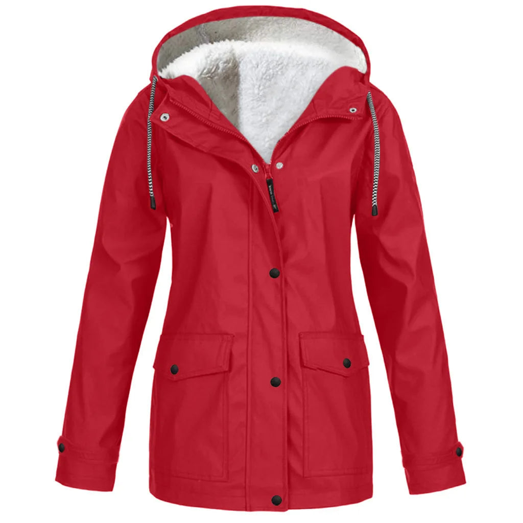 NONECN Women's Windproof Velvet Waterproof Hooded Jacket Outdoor Coat