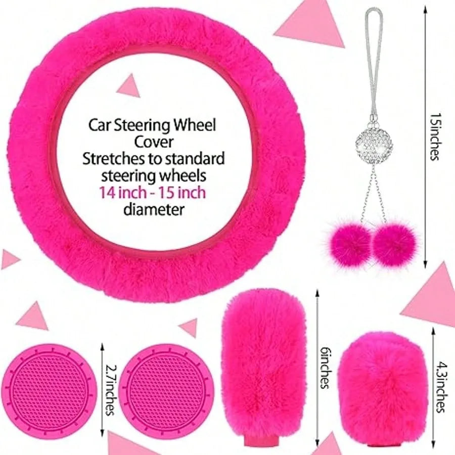 17pcs Car Seat Cover Full Set for Women Universal Fit Car Front Rear Fluffy Steering Wheel Fleece Handbrake Shift Covers Hanging Accessory Holder Ring Emblem (Rose Red Black), Car Seat Cover Full Set
