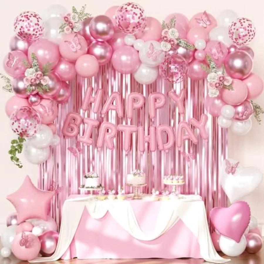 Foil Confetti Balloons Birthday Banner And Butterfly Fringe Curtains