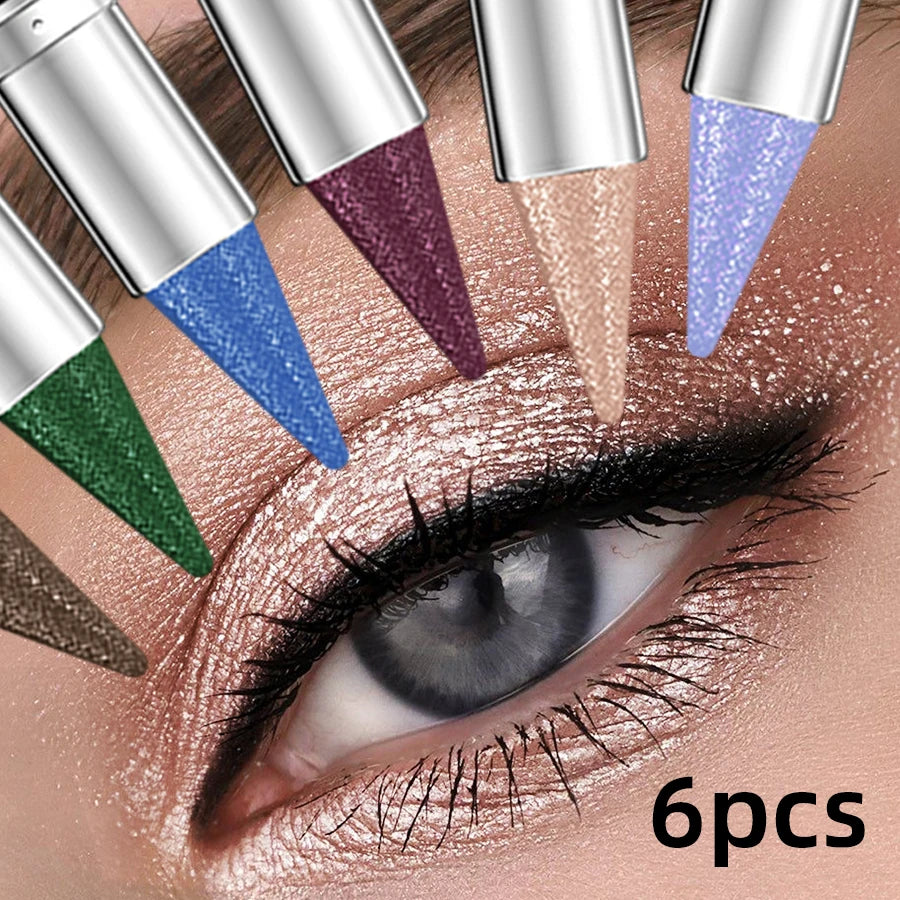 6pcs Metallic Brown Blue  Waterproof Eyeshadow Pen Glitter Shiny Eye Shadow Stick Korean Makeup for Women Gifts Pear Eye Cosmetics Smoky Black