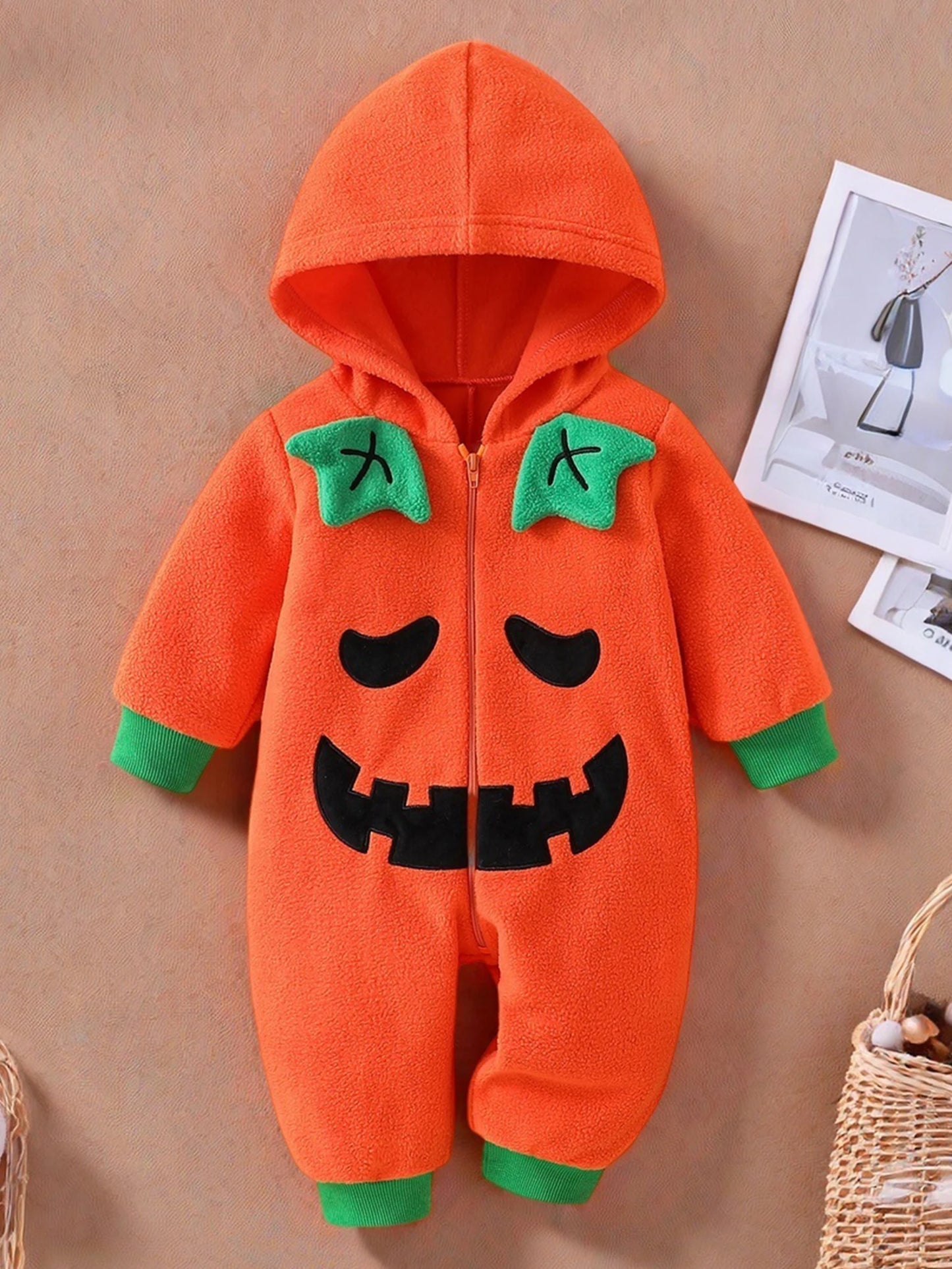 Infant Unisex Pumpkin Hooded Long Sleeve Romper With Contrast Trim Halloween Outfit For Baby Boy Or Girl