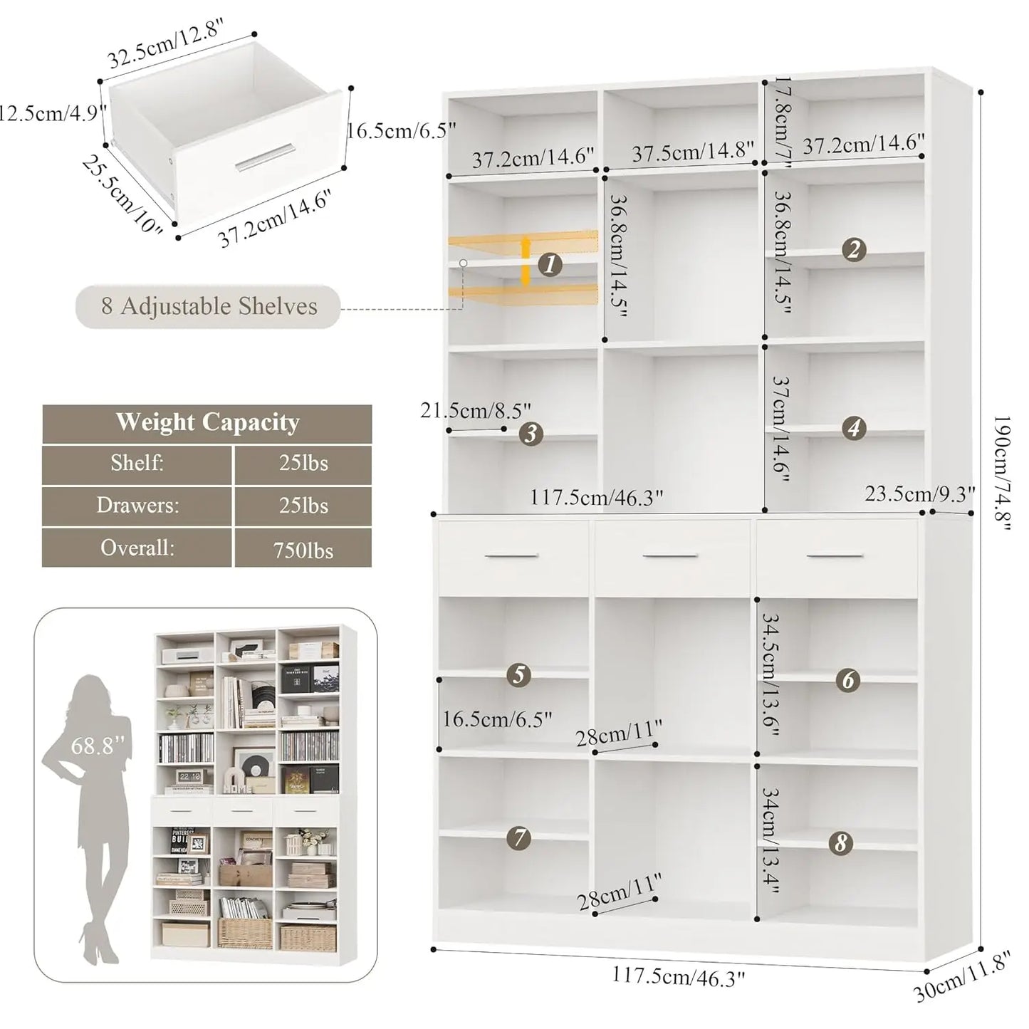 75" Tall Book Shelf and Bookcase, 47" Wide Bookshelf with Drawers, Modern 9 Tier Bookcase with Storage, Large Wood, Customized