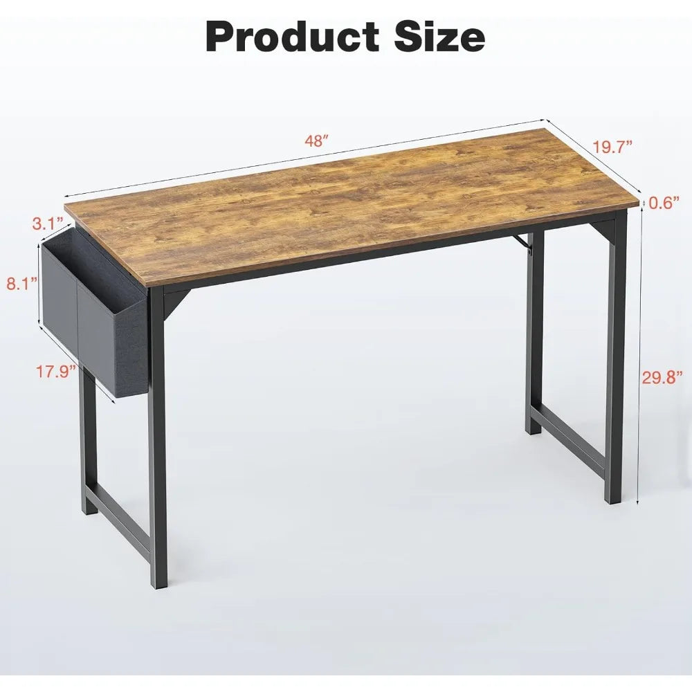 48 Inch Computer Desk Rustic Brown Wood Modern Writing Desk With Storage Bag And Headphone Hook For Two People