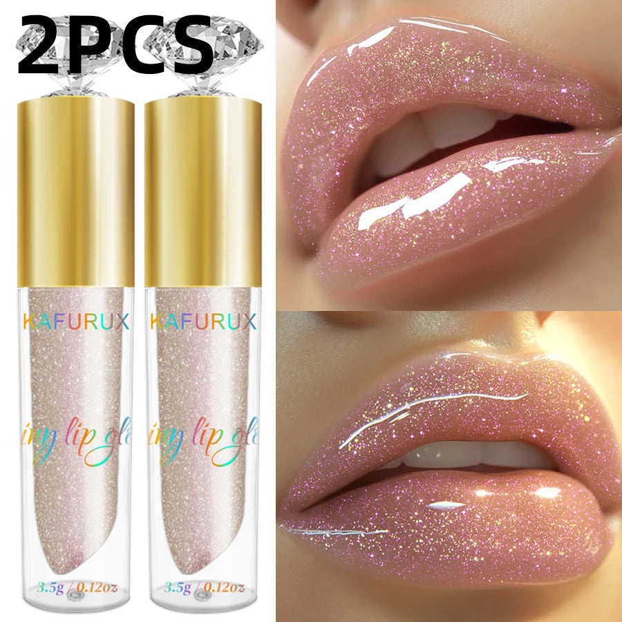 2pcs Moisturizing Diamond Shimmer Glitter Lip Gloss Set Korean Makeup Sparkling Glitter Liquid Lipstick Pearl Lip Gloss Sexy Lip Oil Sexy Pink Cosmetic for Women Gifts