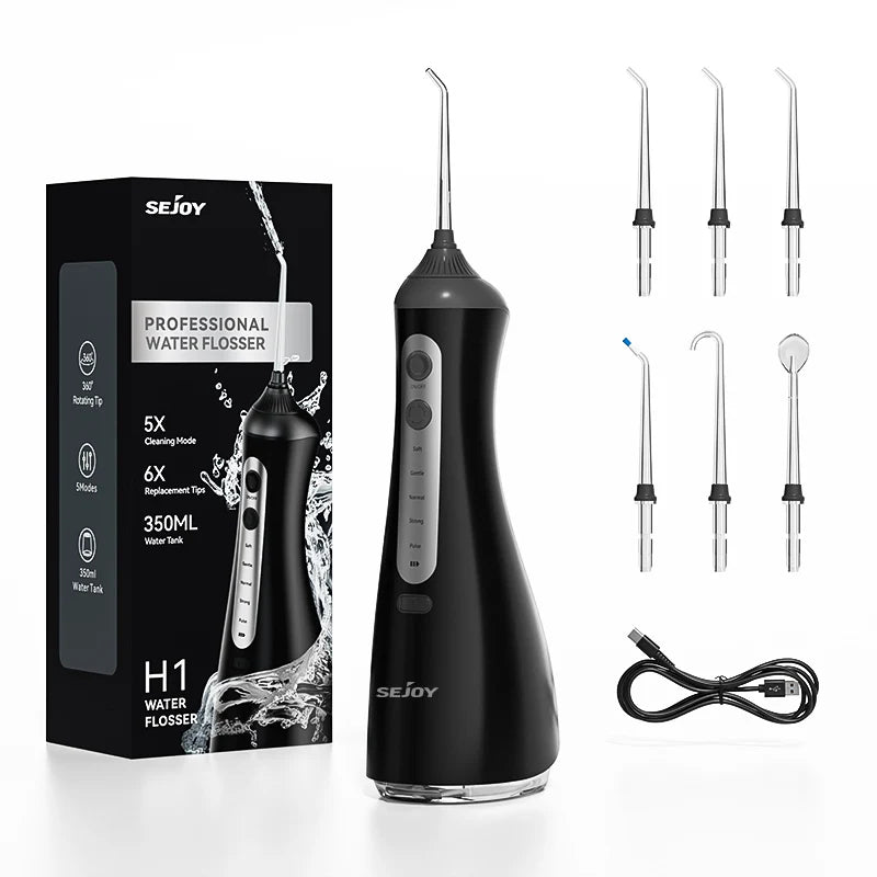 Sejoy Cordless Oral Irrigator Water Flosser 6 Cleaning Modes 350ml Tank IPX7 Waterproof for Home Travel