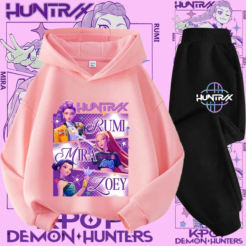 Kpop Demon Hunter Kids Hoodie And Top Set Two Piece Cartoon Print Unisex Casual Wear
