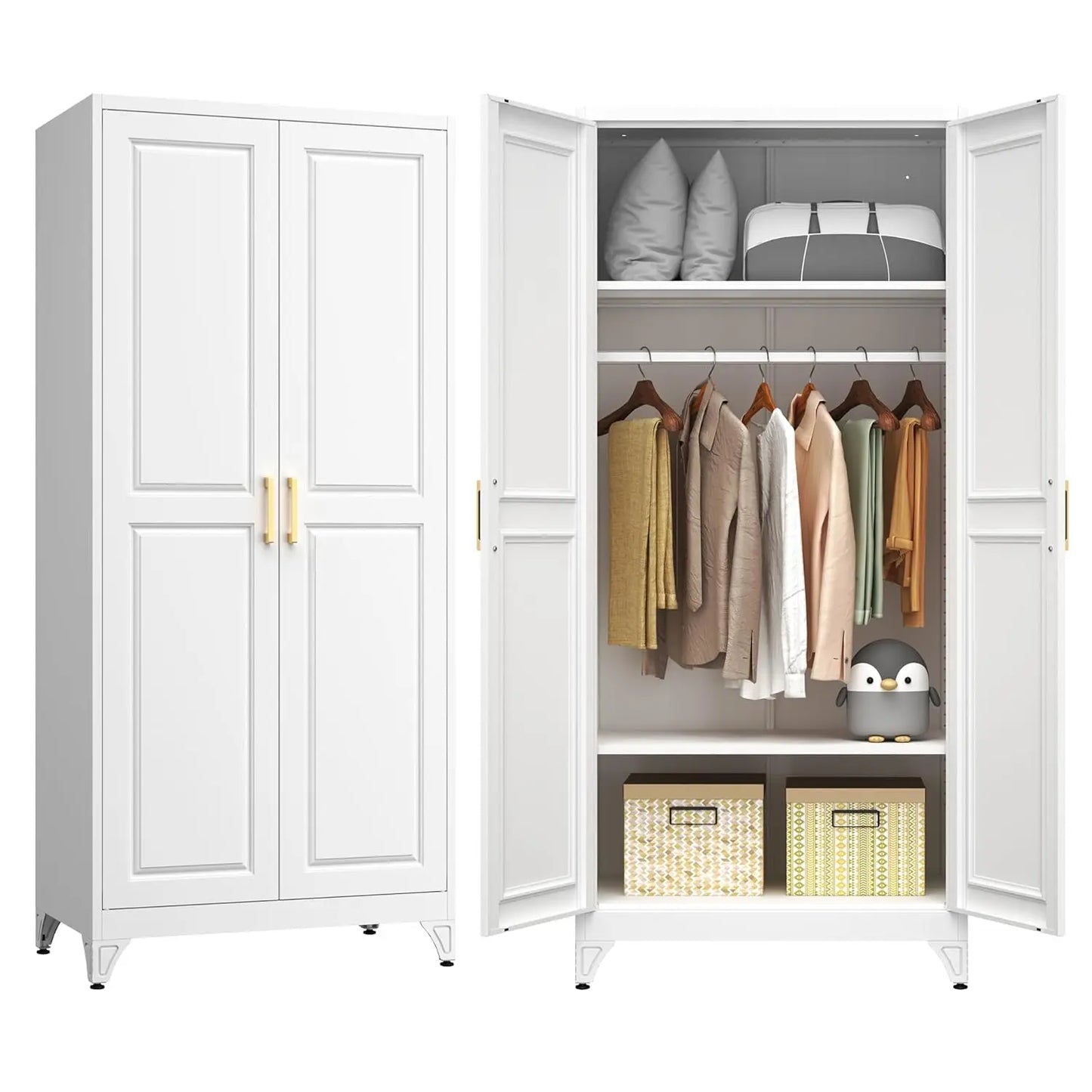 Metal Armoire Wardrobe Closet with 2 Doors, 71" Tall Wardrobe Closet with Doors, Hanging Rod, Drawers and, Customized